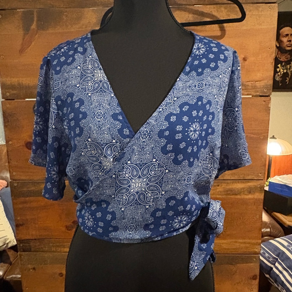 Lily White Blue Bandana print Wrap Blouse